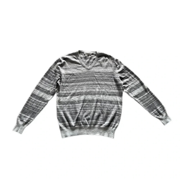 Calvin Klein Gray Striped Long Sleeve V Neck Merino Wool Blend Sweater womens XL - Picture 3 of 11